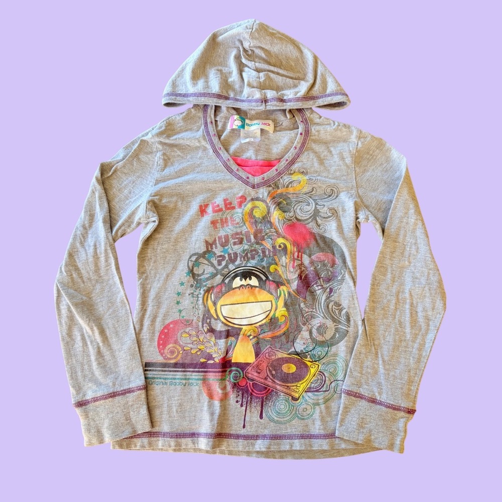 Y2K Bobby Jack Graphic Hooded Scene Long Sleeve Gray Monkey Shirt #17